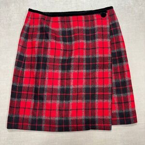 Lizsport Tartan Plaid Wool Blend Wrap Skirt Velvet Trim Red Black Size 8
